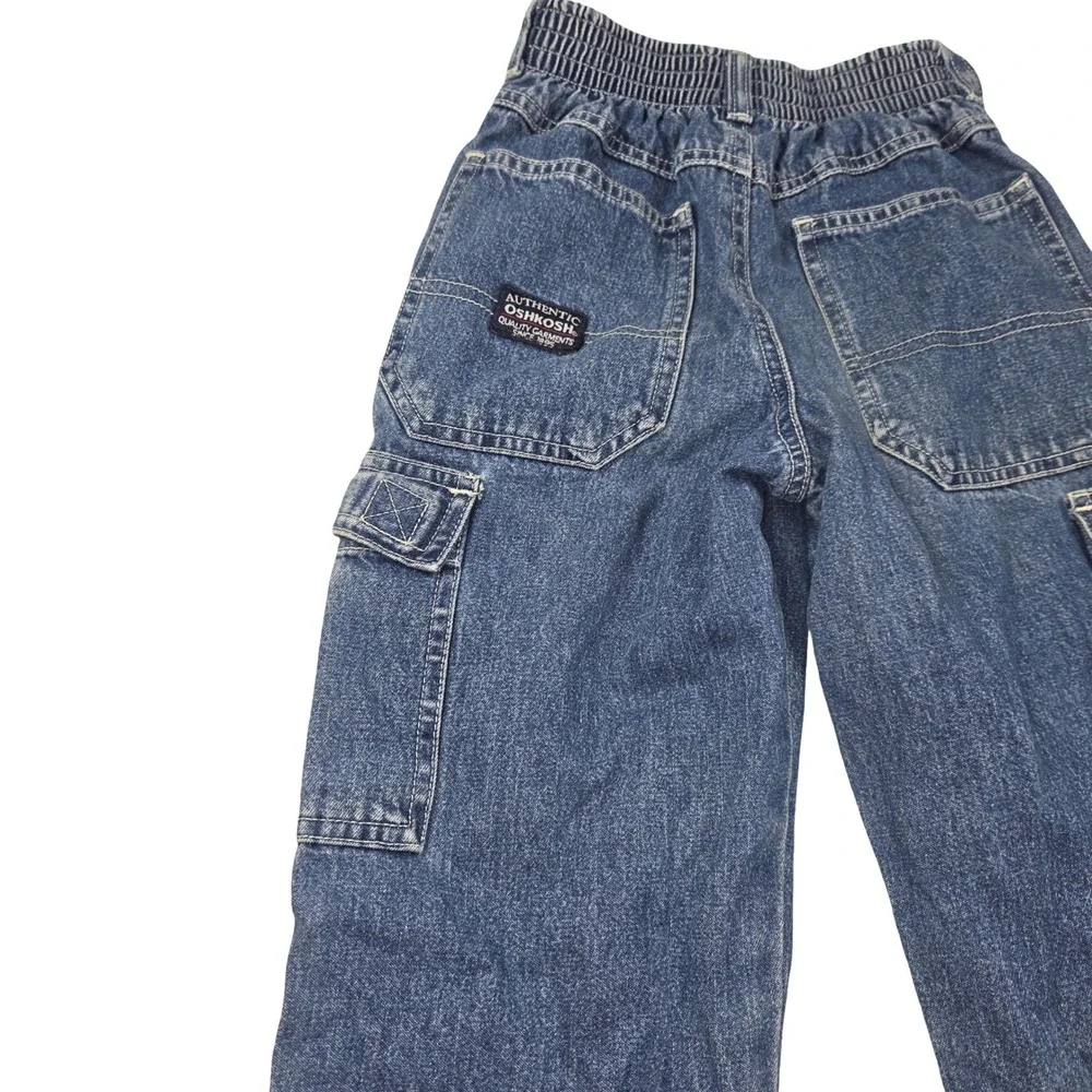 Vintage OshKosh Bgosh Boys Blue Denim Cargo Jeans Size 6 90s Side Stripe Pockets